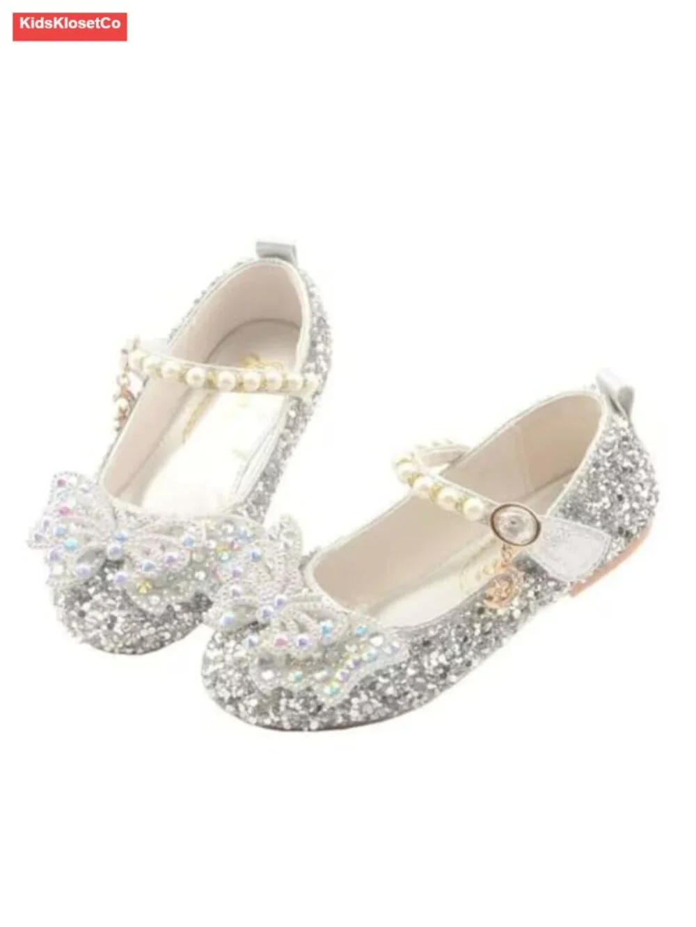 Girls Sparkle Mary Jane Flats with Bowknot - Hook & Loop Closure